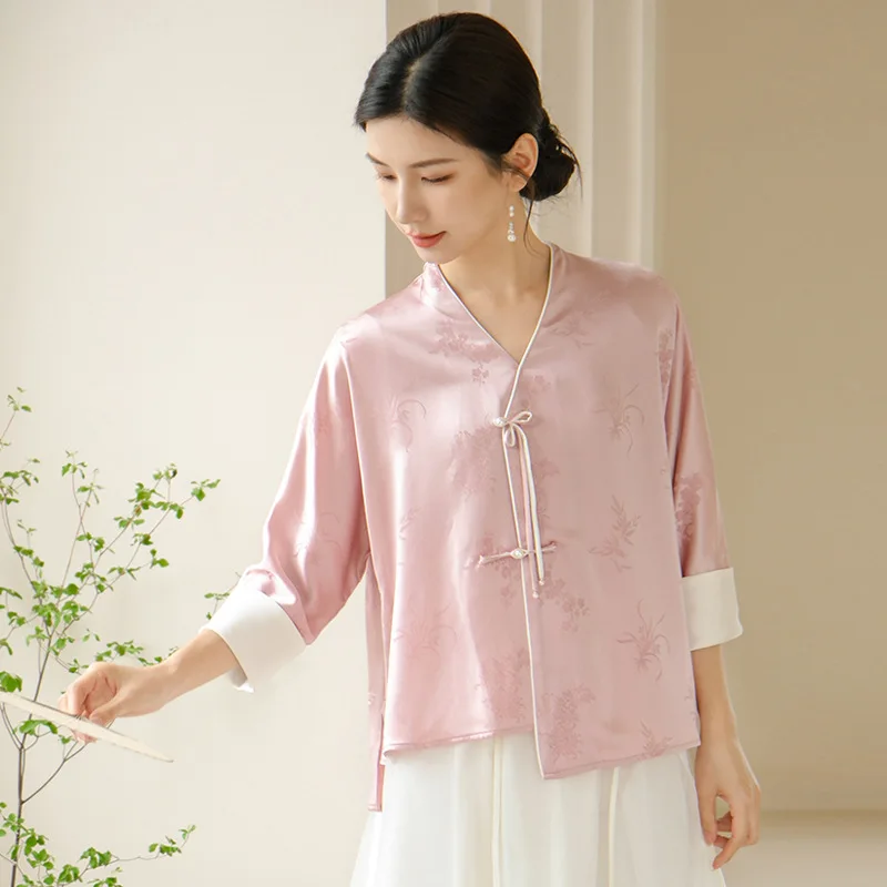 

New Chinese Style Clothes for Women Traditional Cheongsam Tops Vintage Zen Tea Hanfu Qipao Pink Blouse Shirt Tang Jackets Coat