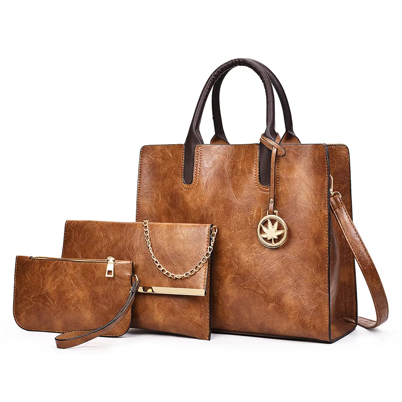 

Ladies 3 In 1 Fashion Retro Pu Leather Tote Shoulder Bag Women's Lychee Printed Casual PU Leather 3 Pcs Set Messenger Handbags