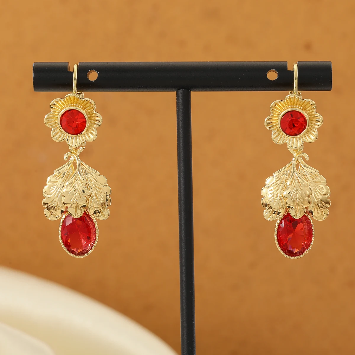 Vintage Court Copper Dangle Earrings with Floral Leaf Design & Red Artificial Gems, Fit Banquets and Dinners.