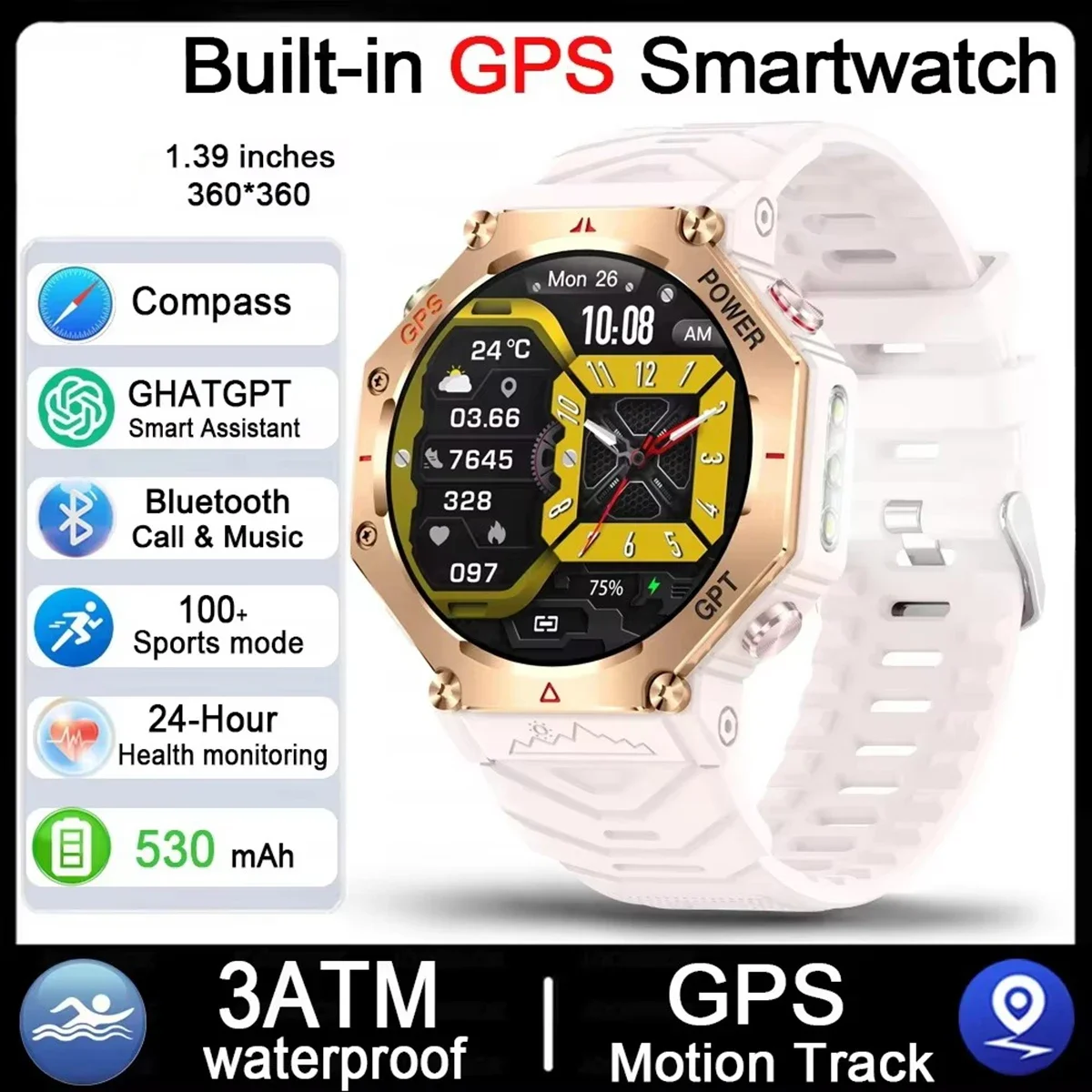 

Sports Smart Watch Heart Rate Blood Oxygen Monitor Waterproof Bluetooth Call GPS Compass Fitness Tracking Watch