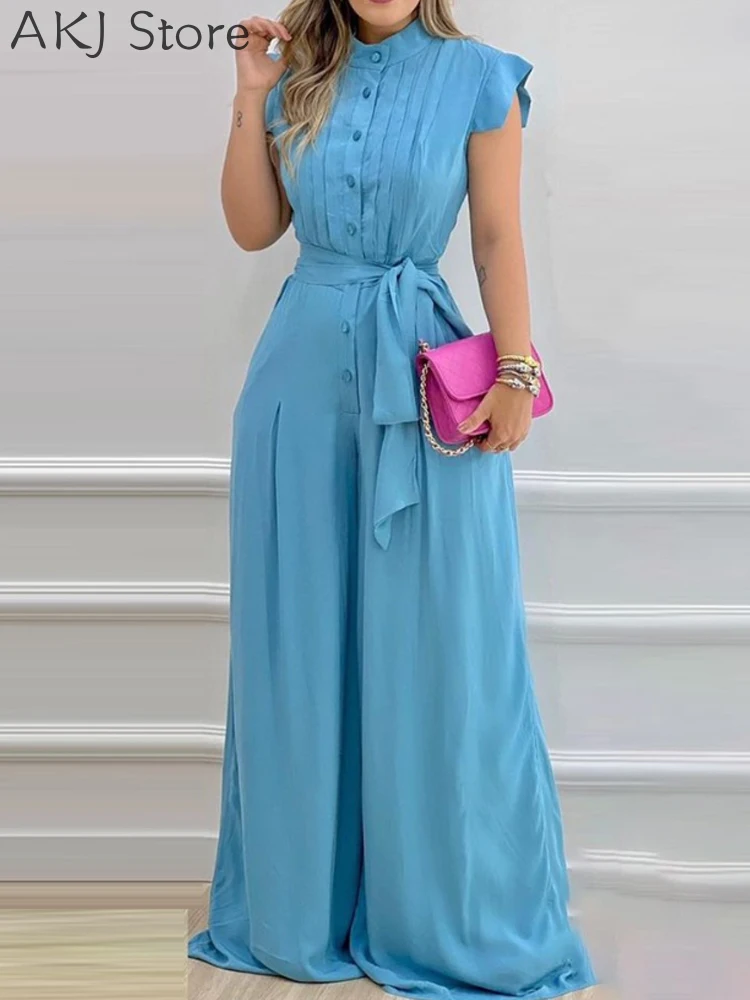 

Women Flutter Sleeve Buttoned Ruffles Wide Leg Jumpsuit With Belt