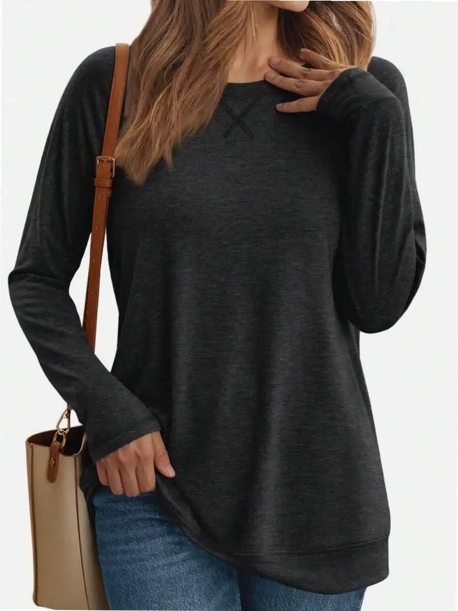 Women's Loose Fit Long Sleeve Round Neck Top in Charcoal Gray