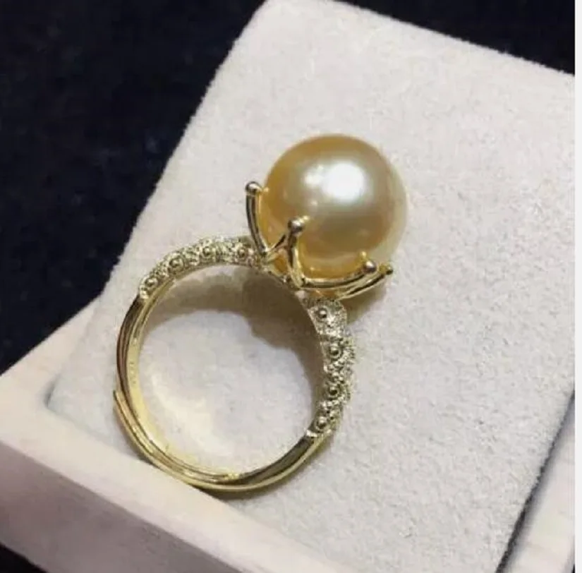 Huge AAAAA++++ 11-10mm Genuine Natural South Sea Golden Round Pearl Ring 925s