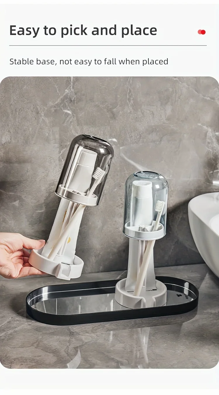 Toothbrush Holder with Dust Cover, Drainage Design, Plastic Multifunctional Bathroom Toothbrush and Cup Organizer