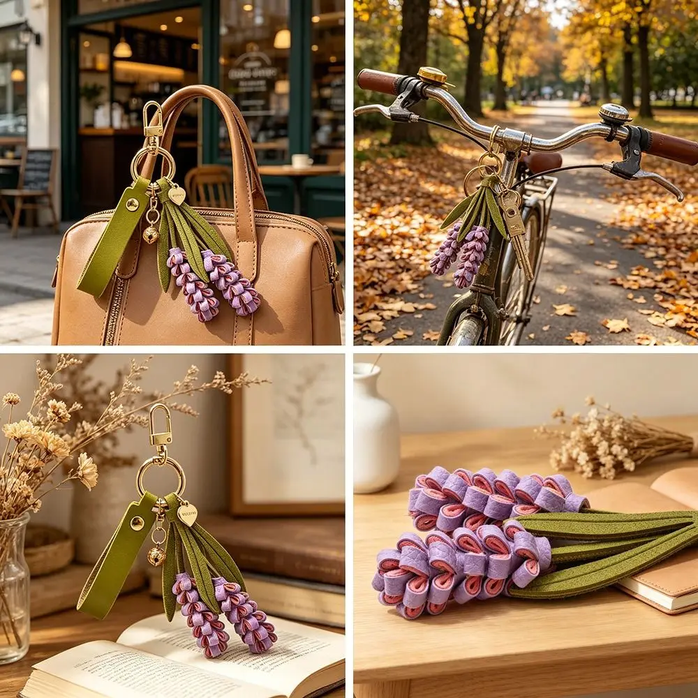 Trendy Purple Pu Leather Flower Pendant Lavender Weave Pu Flower Keychain Hanger Handmade Bag Charm Bag Ornament
