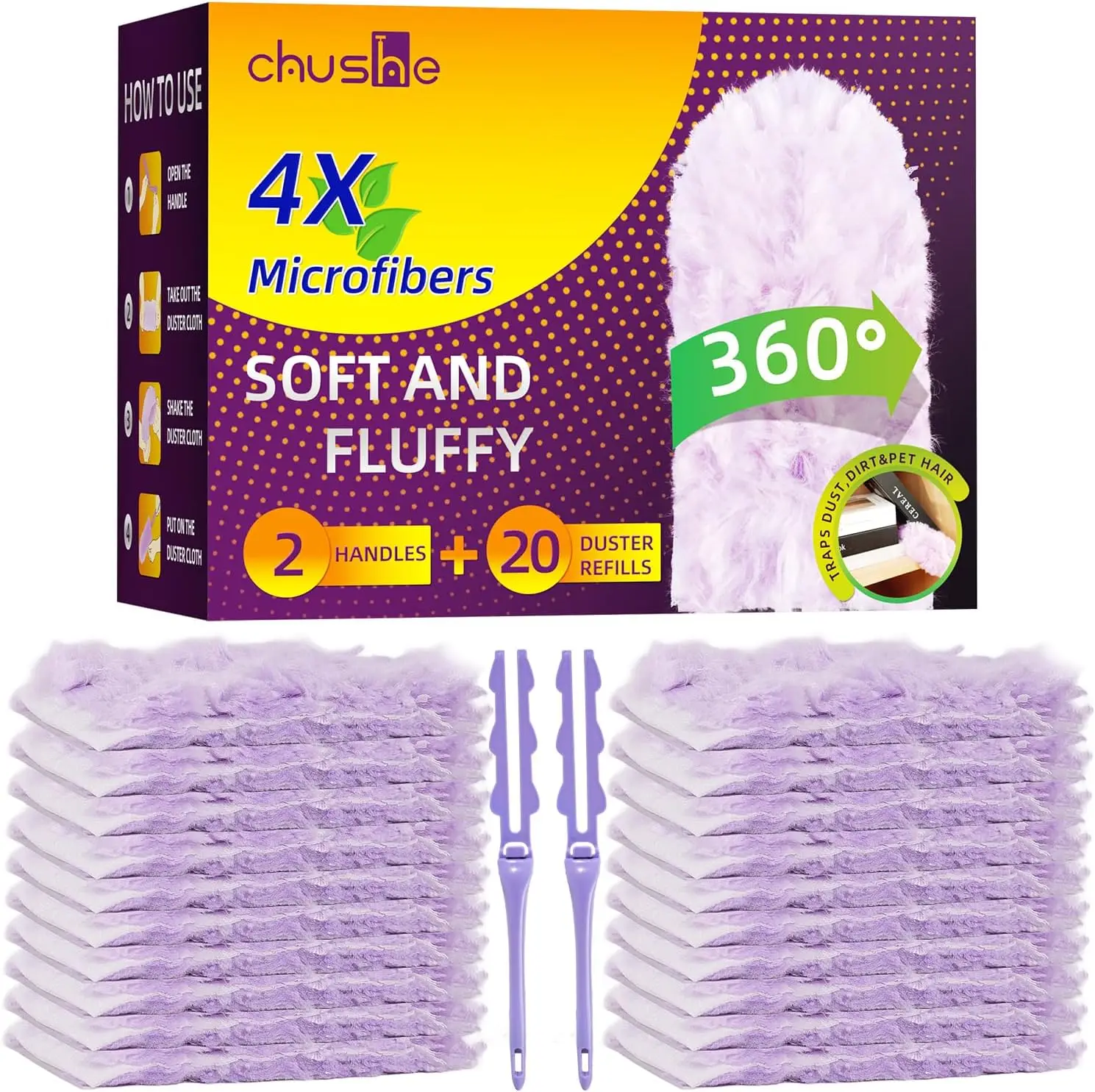

20-Pack Duster Refills with 2 Handles, Fits All Swiffer, 4X Efficient for 360° Cleaning on Blinds, Fans & Furniture
