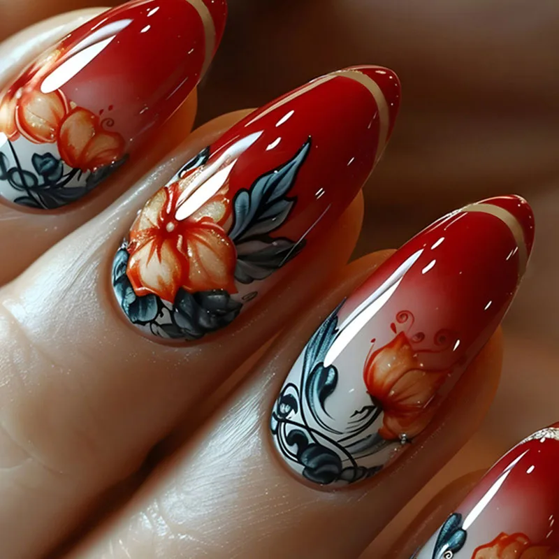 

24Pcs Medium Almond Press on Nails - Red to White Ombre with Yellow Flowers and Dusty Blue Leaves | Lush Floral Design