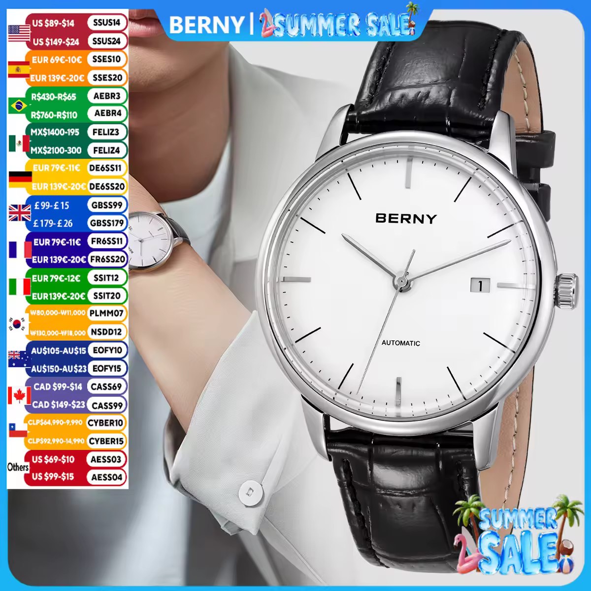 Relógios Automáticos BERNY para Homens, Relógio Mecânico Slim de Luxo, MIYOTA 9015 28800V/H, Relógio Minimalista com Data, 5ATM