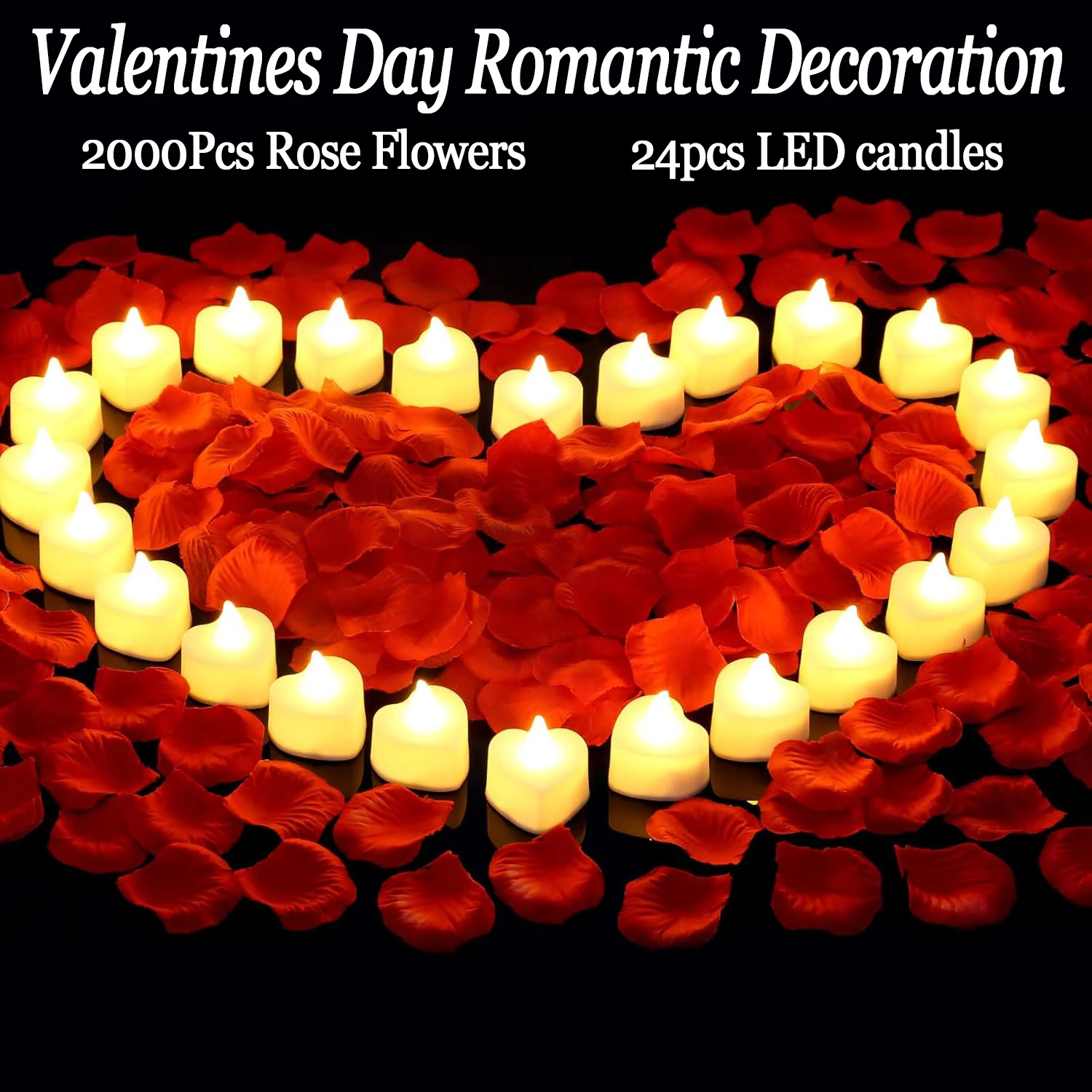 

2000 Pcs Artificial Rose Petals 24 Pcs LED Tea Lights Candles Romantic Decor Special Night Set for Valentine's Day Anniversary