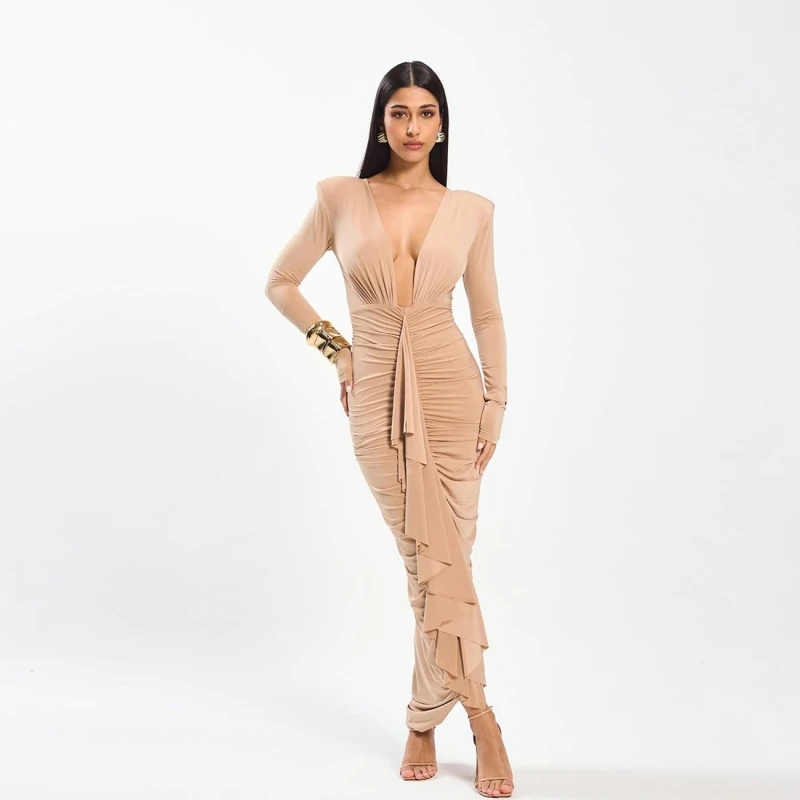 

Womens Pleated long dresses trend 2025 Autumn winter european long sleeve Elegant party Evening cocktail sexy Deep V-neck dress