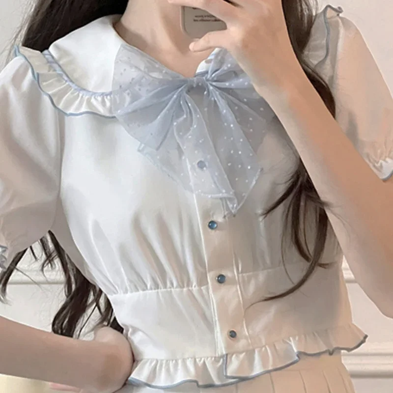 Conjunto de minifalda para niña, traje de manga corta con cuello de hoja de loto, diseño Original japonés, Color liso, blanco