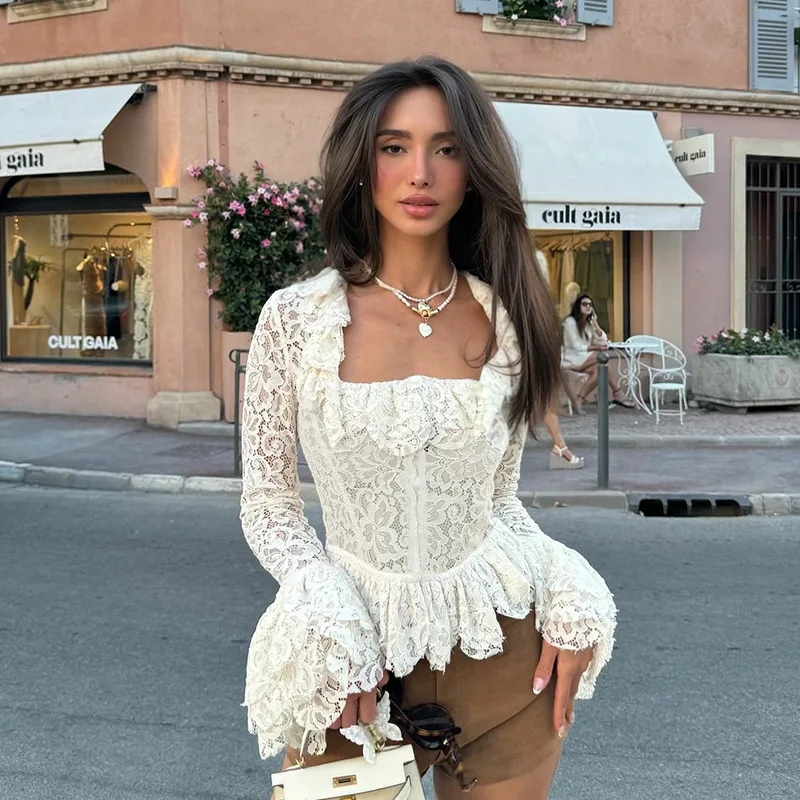 

Matakawa Lace T Shirt for Women Ruffles Flare Sleeve Vintage Sexy Ropa De Mujer Solid Spring Autumn Fashion White T-shirts