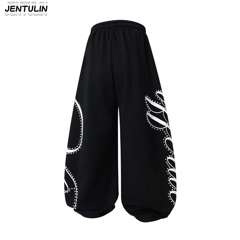 American Street Rivet Graffiti Wide Leg Pants Men's and Women's Letter Printed Curved Knife Pants Unisex Y2k Clothing