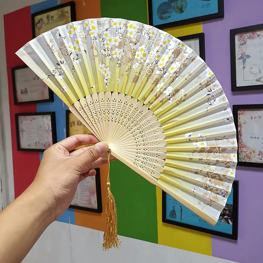 38*21cm Bamboo Folding Fan Classical Handheld Fan With Tassel For Dance Performance Wedding Decoration Chinese Japanese Silk Fan