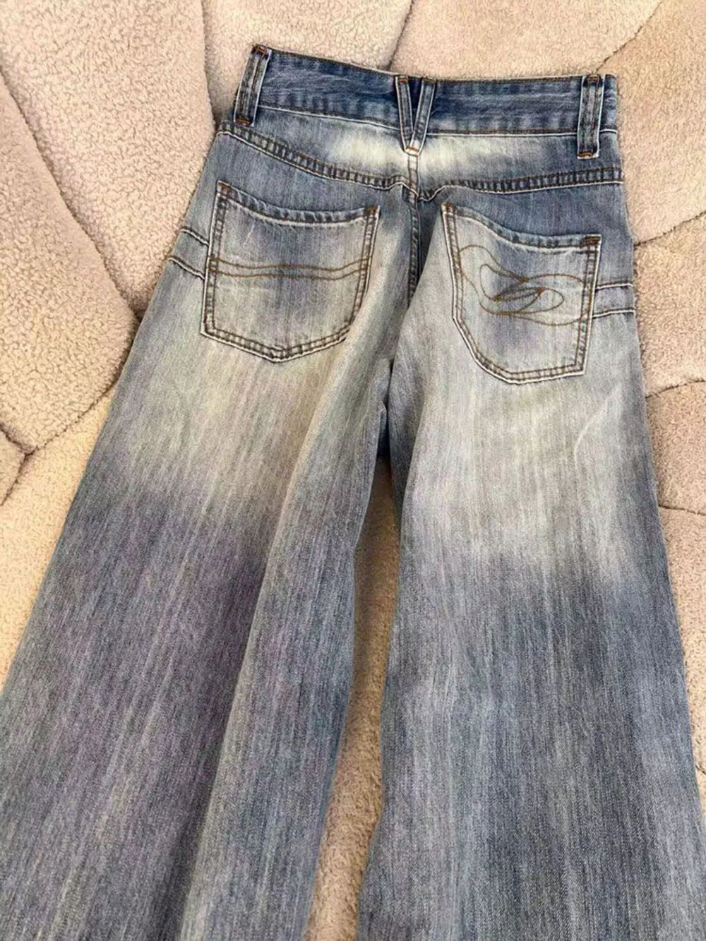 Embroidery Pattern Women High Waist Wide Leg Jeans Solid Color Denim Pants Street Style Loose Fit Casual Daily Denim Trousers