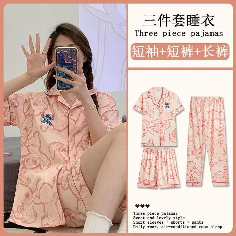 

Милый пижамный комплект из трех предметов, женский пижамный комплект с короткими рукавами + шорты + длинные брюки, дышащая мягкая одежда для дома, удобная домашняя одежда для сна