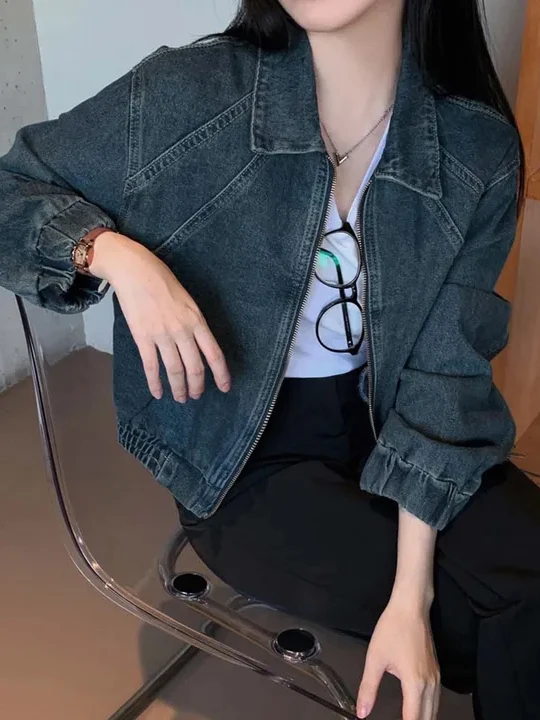 

Faionable ort Denim Jaet, женский топ на молнии, Гонконгский Sle, ретро-дизайн, повседневное свободное женское пальто, осенняя одежда