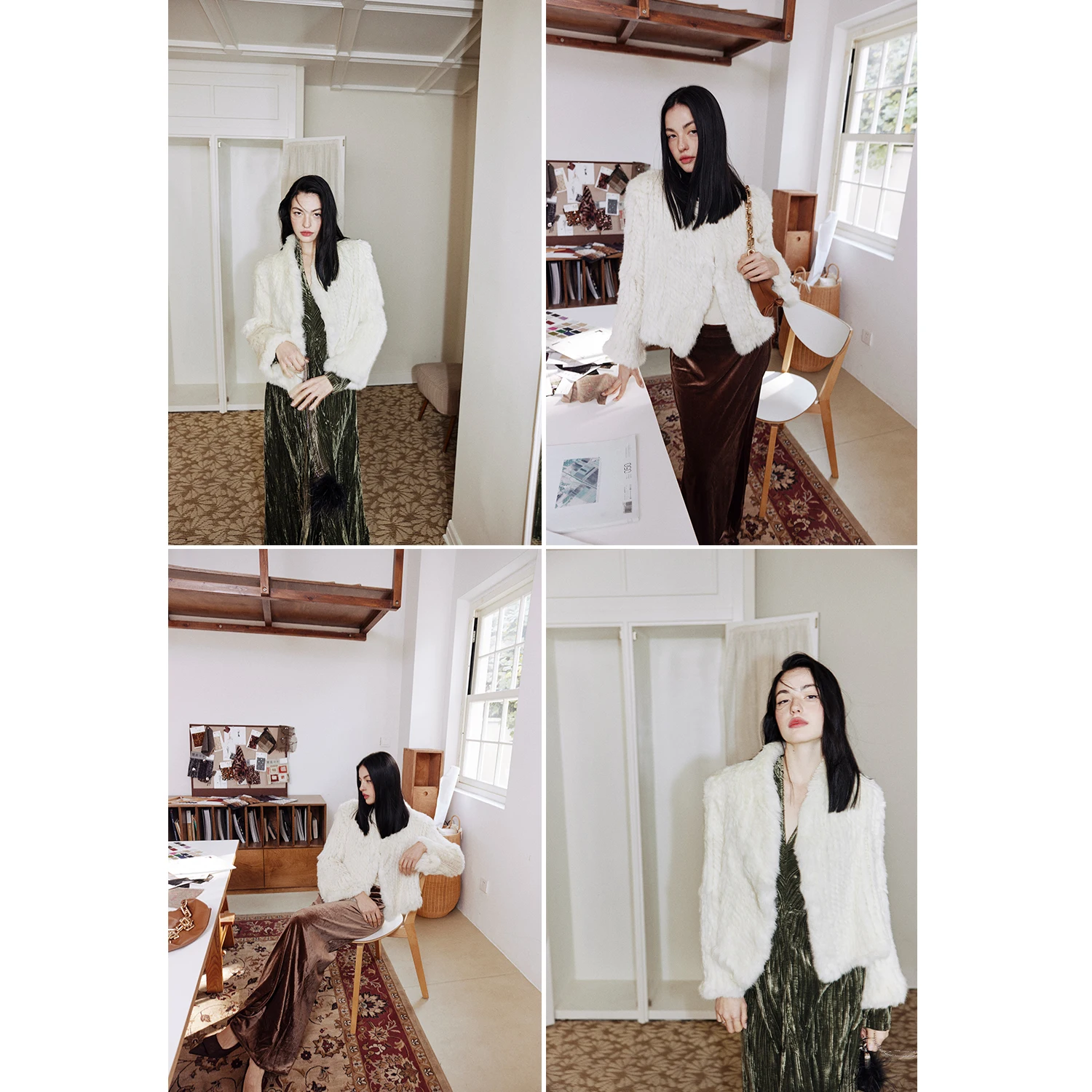 Rosebanks Faionable ort Rabbit Fur Weave Leather Warmth Collar V-ne oulder-length Women's Coat for Winter Season