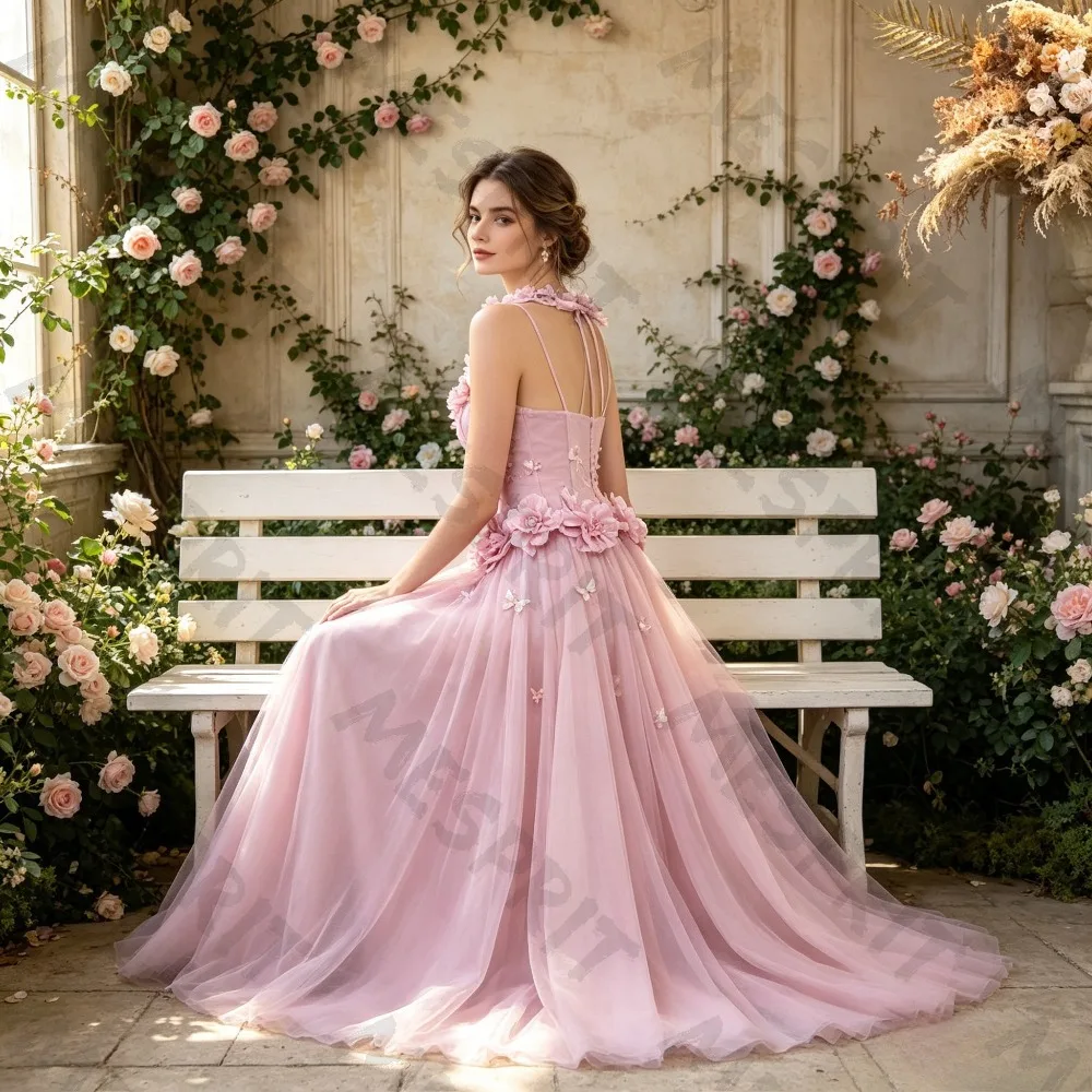 Customized New Elegant Hanging Neck A-line Evening Gowns with Three-dimensional Floral Mesh Backless Sleeveless Party Dresses