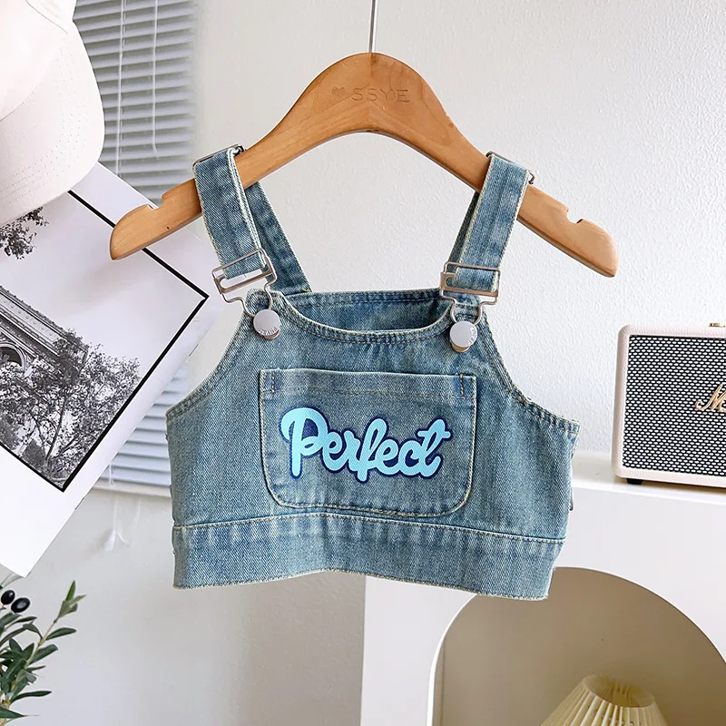 Girls\' Summer Denim Suit Strap Skirt Set 2024 New Baby Summer Vest Strap Half Skirt Three Piece Denim Skirt Set
