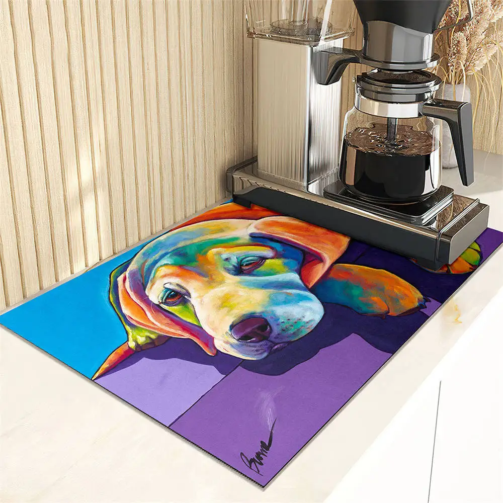 Oil Painting Dog Design Dish Drying Mat Super Absorbent Kitchen Counter Drain Pads Tableware Cup Bottle Sink Waterproof Mats