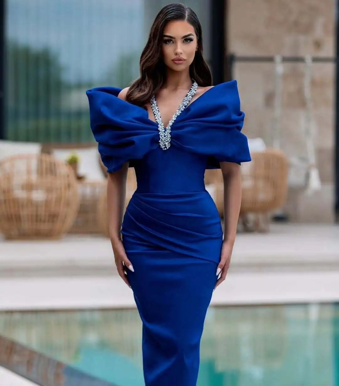 Blaues schulterfreies Bogen-elegantes Geburtstagspartykleid für Frauen 2025, Sommer, neue figurbetonte Neckholder-Abendkleider, modisches Abendkleid