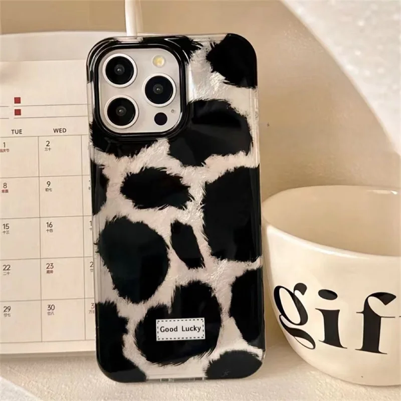 Вихревой принт IND крутой стиль черный чехол для телефона с леопардовым принтом и черным плюшевым ремешком для iPhone 11, 12, 13, 14, 15, 16, 17 Pro Max