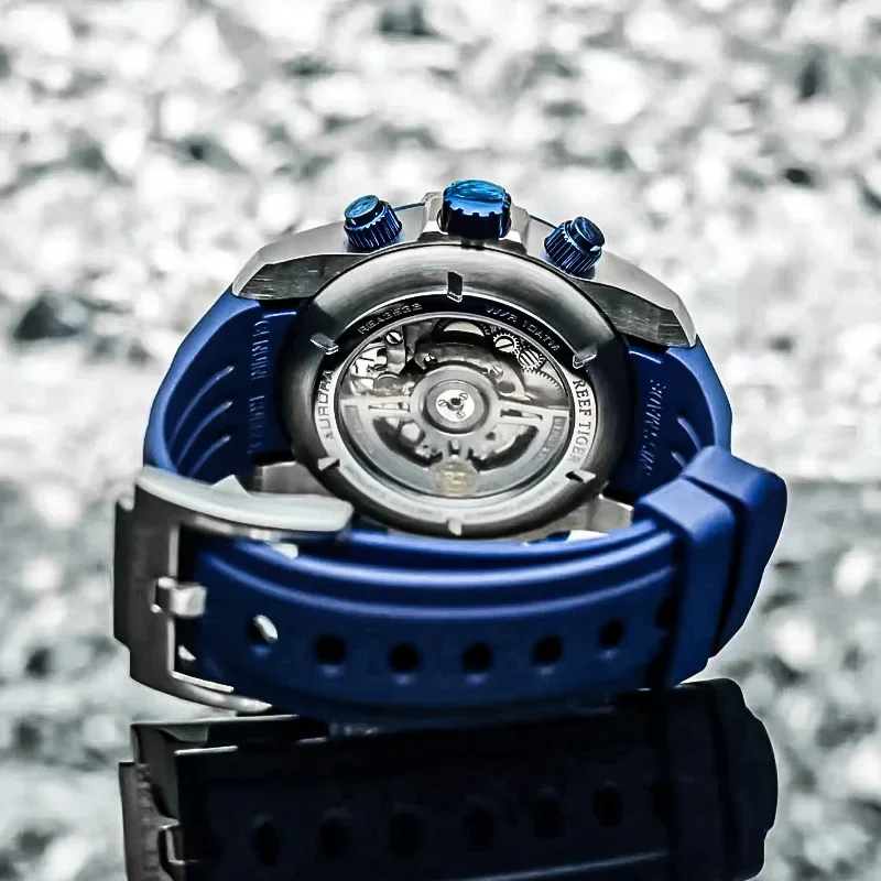 Reef Tiger/RT Montres de sport pour hommes avec cadran complicé Boîtier en or rose Montre militaire automatique avec bracelet en