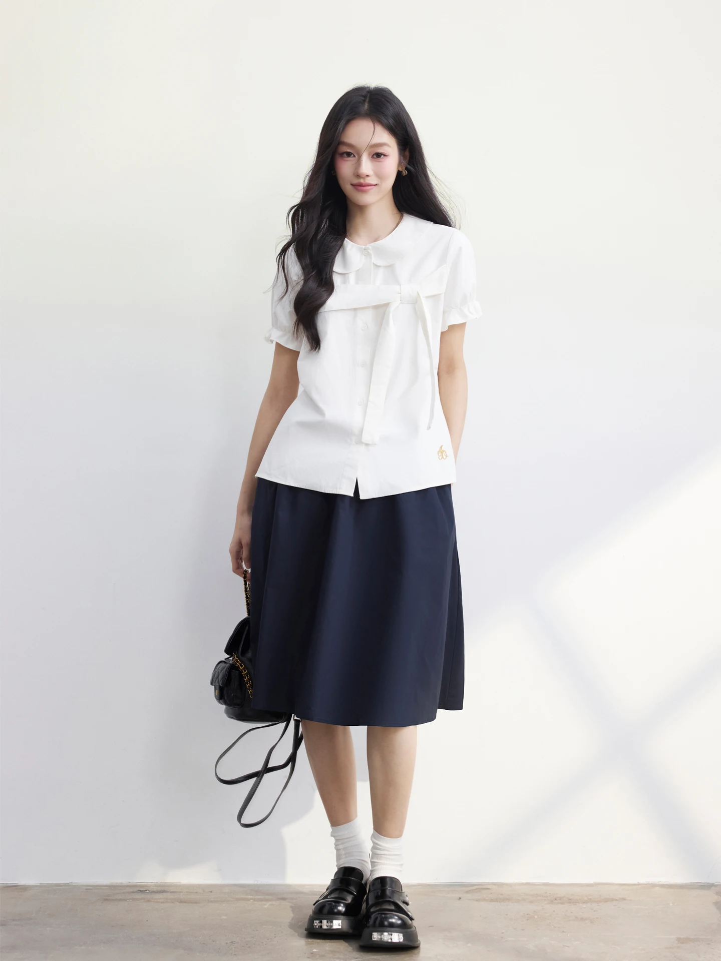 

Женская рубашка AOAOSU Luna Soft в корейском стиле с коротким рукавом, бантом и воротником-стойкой, из дышащего хлопка, свободного кроя, весенняя, повседневная