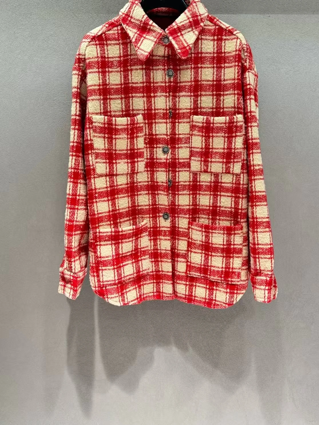 Plaid wool lapel shirt style off shoulder short jacket for women with double pockets, autumn and winter new jacket