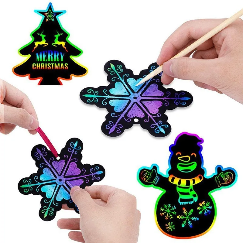 

24Pcs Christmas Tree DIY Toy Colorful Scratching Painting Paper Snowman Santa Claus Scratching Painting For Kids Christmas Decor