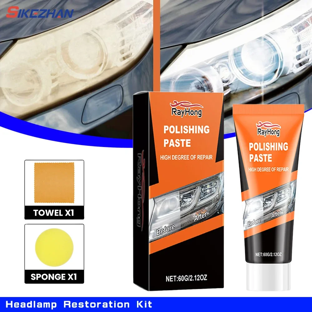 60g Headlamp Restoration Kit with Sponge&Towel Brightener Headlamp Scratch Remove Refurbishing Tools Car Lamp Lens Polish Paste