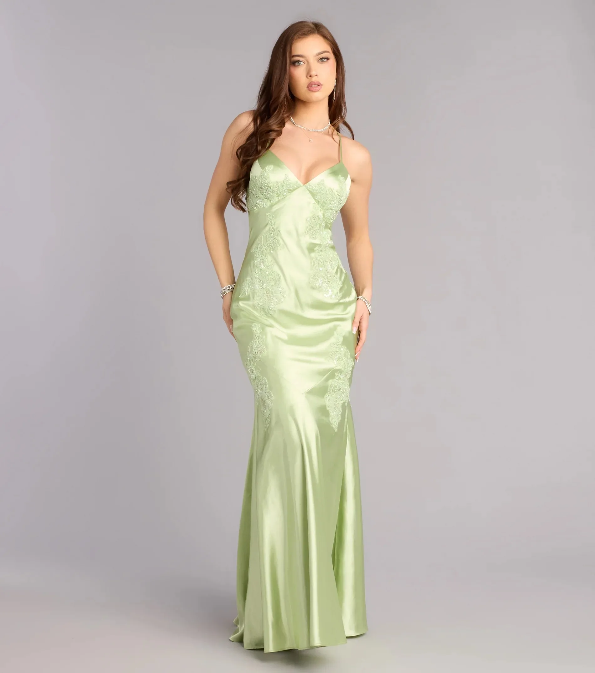 

Spaghetti Strap Lace & Satin Cocktail Party dress with Lace Appliqué & Open Back Bridesmaid Prom & Evening Party Gown
