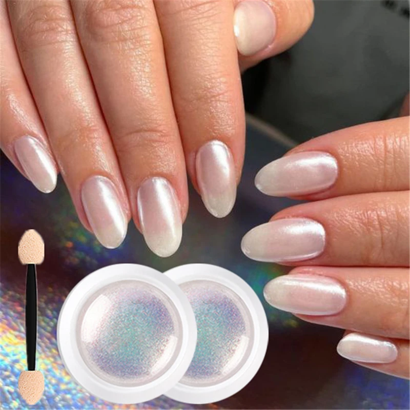 Mirror Nail Powder Pigment Pearl White Rubbing on Nail Art Glitter Chrome Aurora Blue Manicure  Nail Decoration