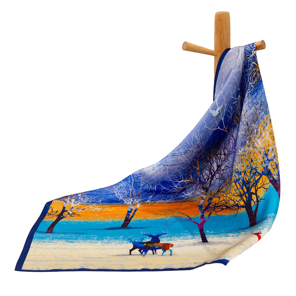 

53cm 100% Genuine Silk Scarf Neck Scarves Woman for Women Party Square Luxury Brand Girl's Neckscarf Kids Gifts Deer in Forest