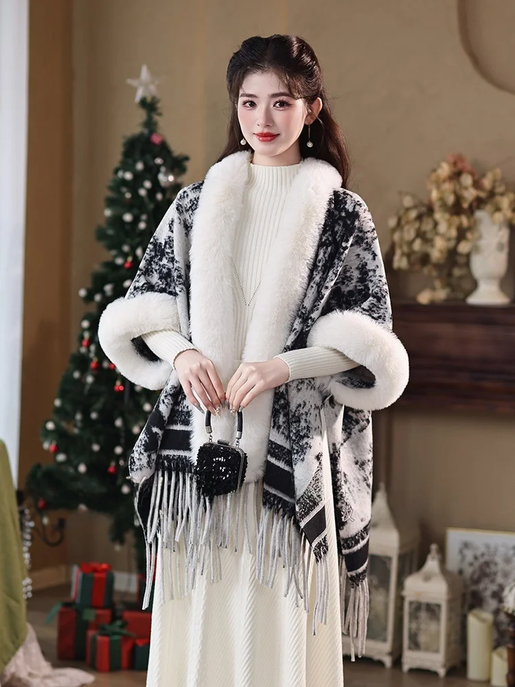 レディース-ショールカラーコート-秋冬-暖かい-高級感-ヴィンテージ-水墨画-タッセル-オールマッチ-ロング-長方形-ポリエステル繊維