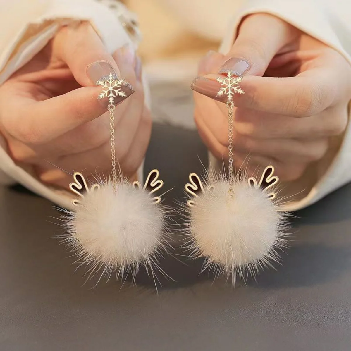 Creative Elegant Christmas Snowflake Deer Antler Plush Ball Drop Earrings Xmas Snow Flower Earring Jewelry Gift For Women Men