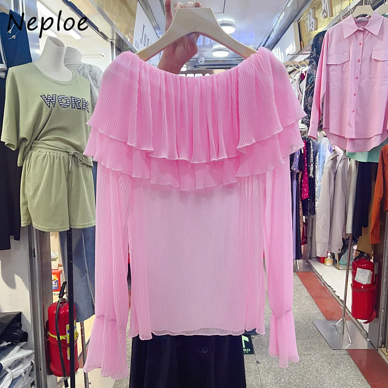 Neploe Celebrity Sweet Off Shoulder Pleated Mesh Layer Ruffle Edge Flare Long Sleeve Shirt Autumn Solid Color Slash Neck Blouses