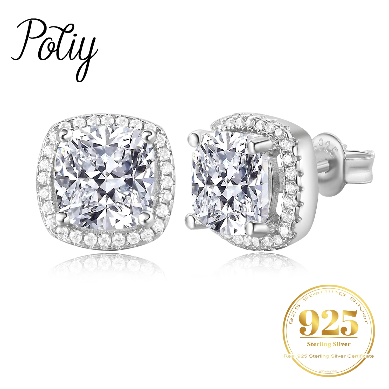 POTIY Total 5.85ct Halo Princess Cut Simulated Diamond CZ Stud Earrings 925 Sterling Silver for Women Daily Gift for Her