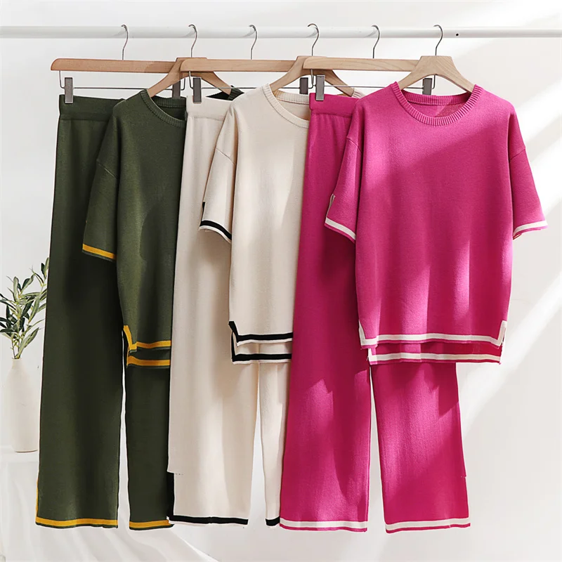 

Two Piece Set Elegant Pants Sets Ice Knitted Summer Outfits For Women 2023 Short Sleeve Pajama Suit Traje de mujer feminino
