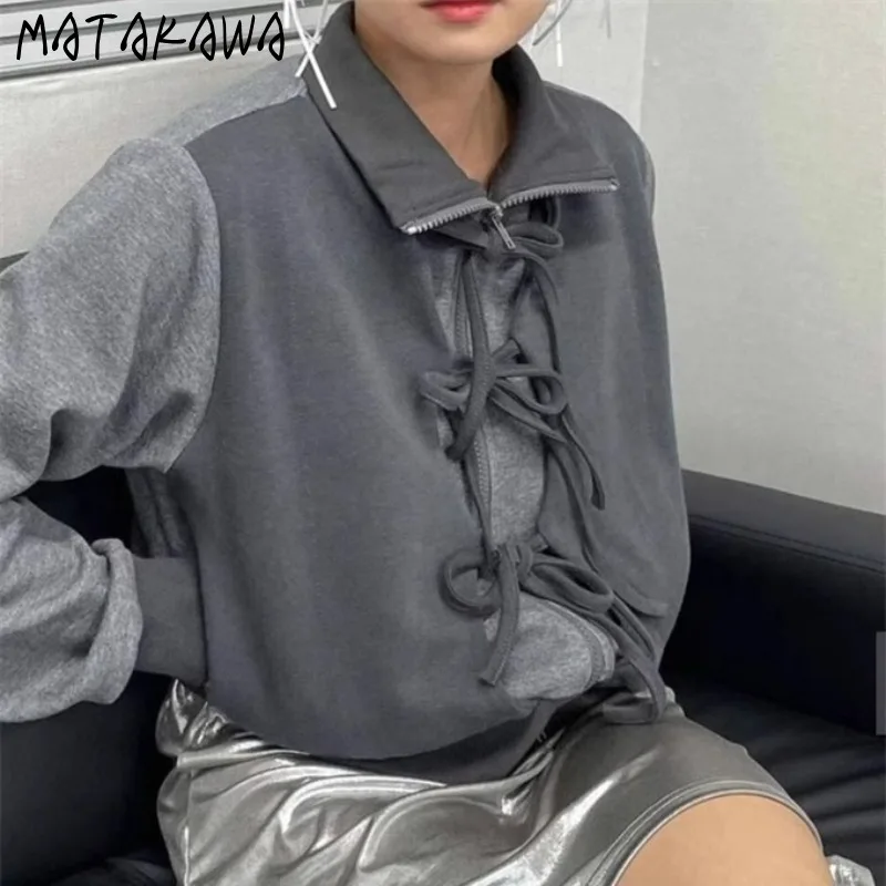 Matakawa Bows Y2k Fake 2 Pieces Hoodies Women Tops Spring Autumn Vintage Zipper Sweatshirts Korean Fashion Ropa De Mujer