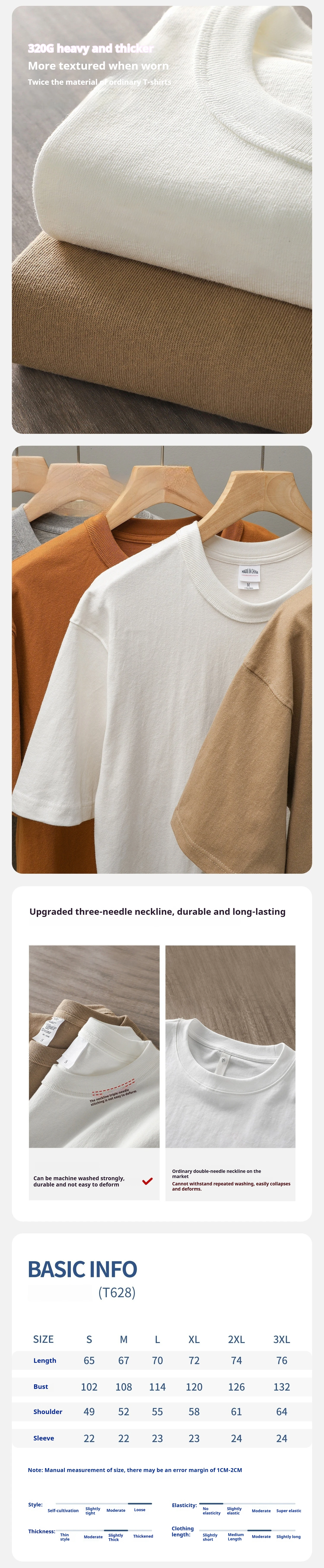 DUKEEN 320GSM Schwergewichtiges Herren-T-Shirt Basic Rundhals Kurzarm Oversized Lässige Oberteile 11oz – Detail 2
