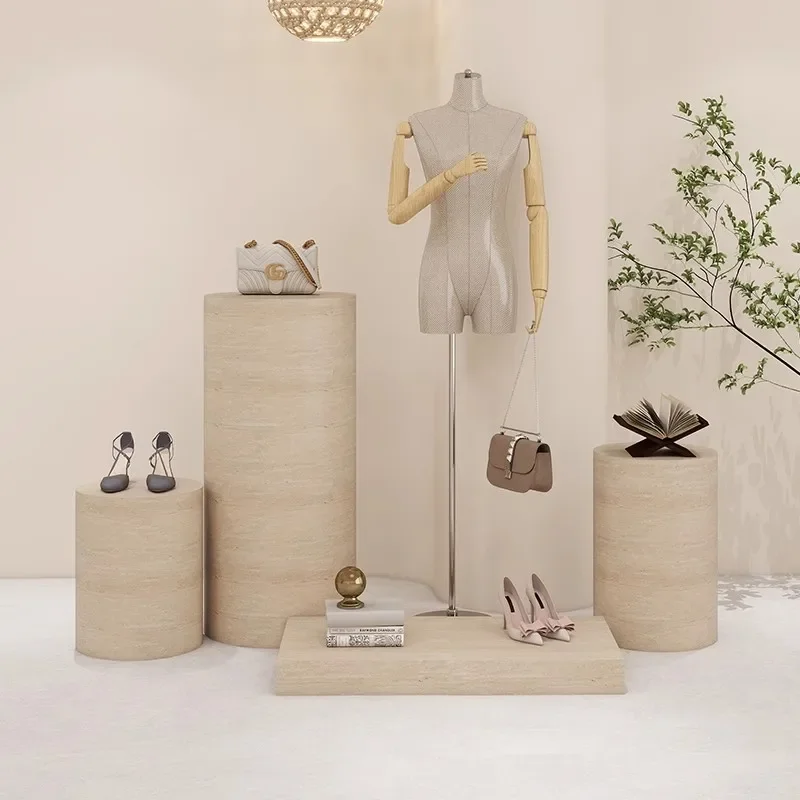 Travertine platform display stand clothing store window display model base platform live stream column height increase stand