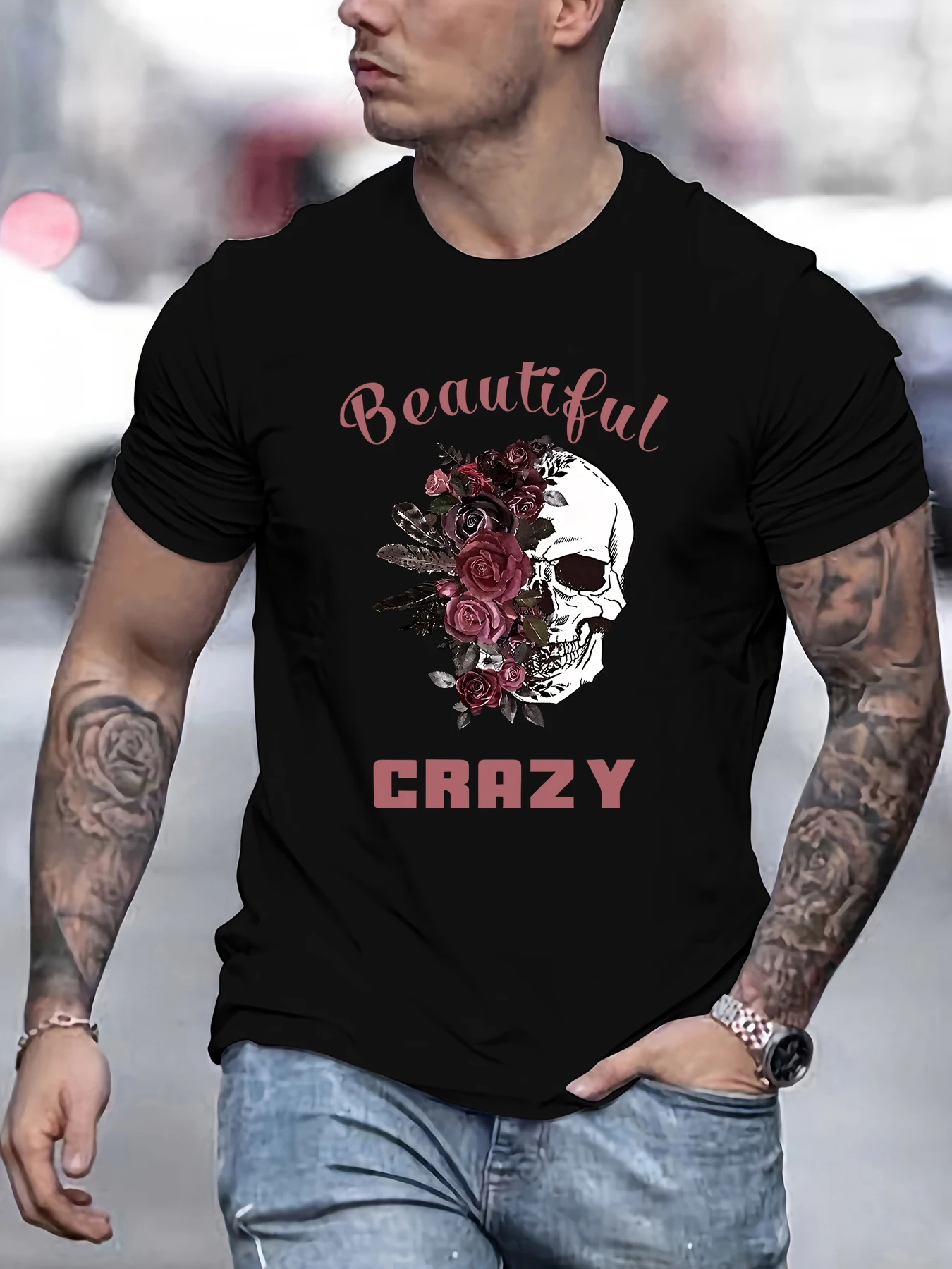 Beautiful Crazy Skull And Flowers Printed T-shirt - Comfortable Long Sleeves Stylish Crew Neck  Ideal For Casual Wear