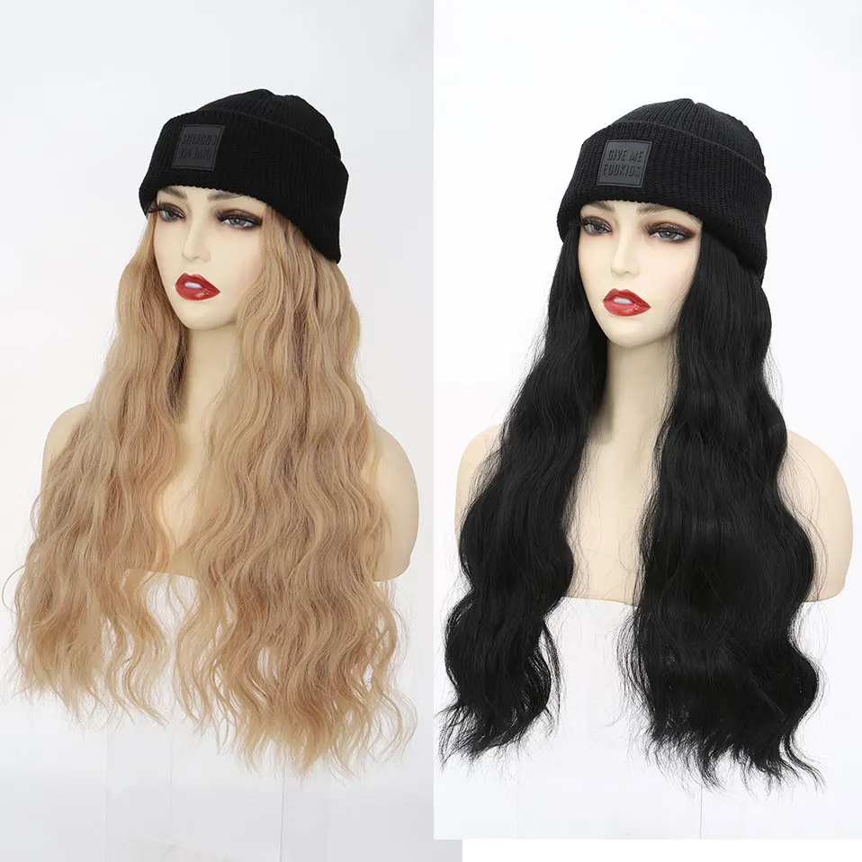 Knitted Beanie Wig Hat Hair Extension 18'' Long Wavy Black non-removable Hat Wig Synthetic Hairpiece for Women Girls Winter