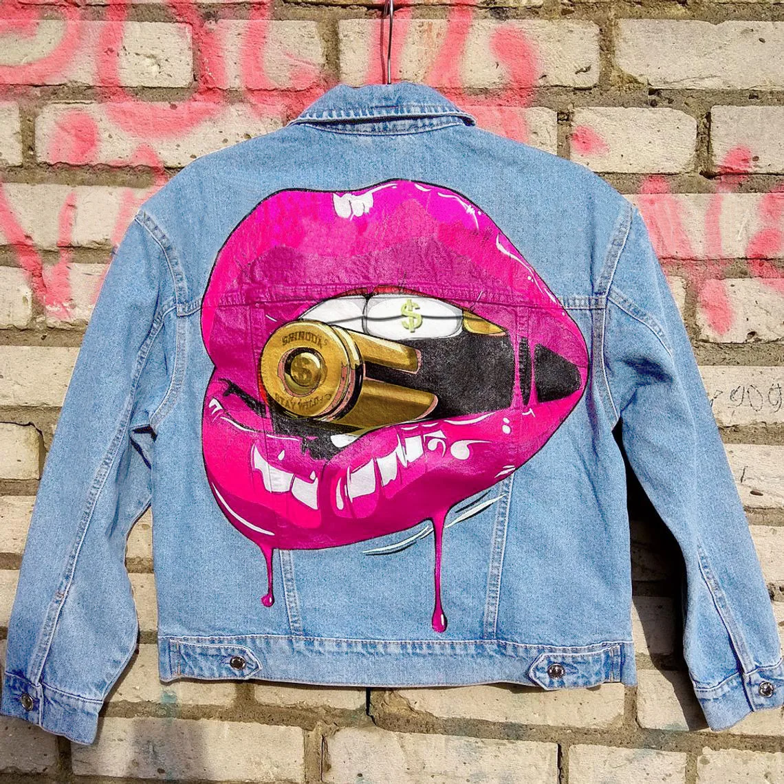 

Washed Denim Jacket for Women, Street Fashion, Hip Hop, Rock Print, Lip Bite, Bullet Pattern, Spring, Autumn, Winter, New, 2023