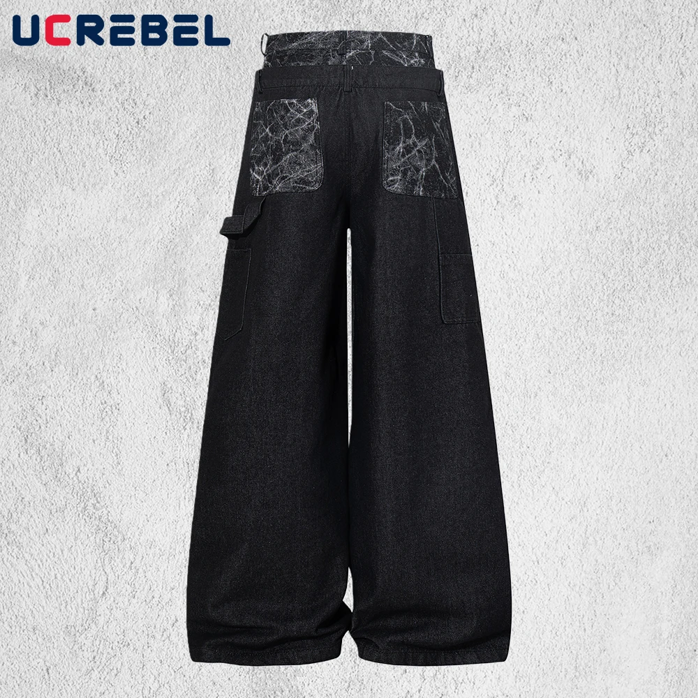 Double Waisted Jeans Mens Spliced Double Knee Retro High Street Washed Baggy Straight Wide Leg Denim Pants Man