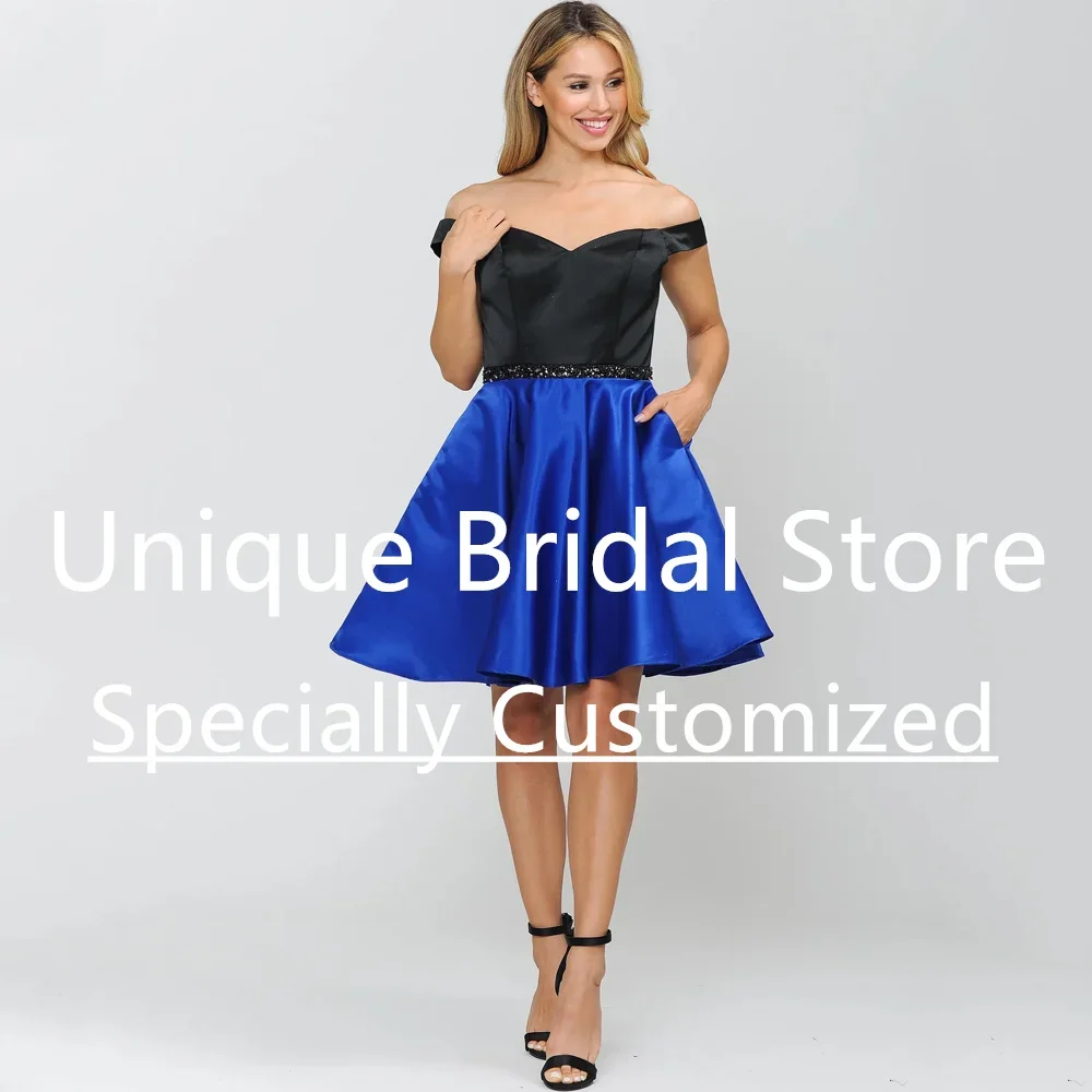 Maßgeschneiderte klassische Abend-Cocktailkleider, schulterfrei, sexy V-Ausschnitt, ärmellos, offener Rücken, elegantes A-Linien-Kurzpartykleid