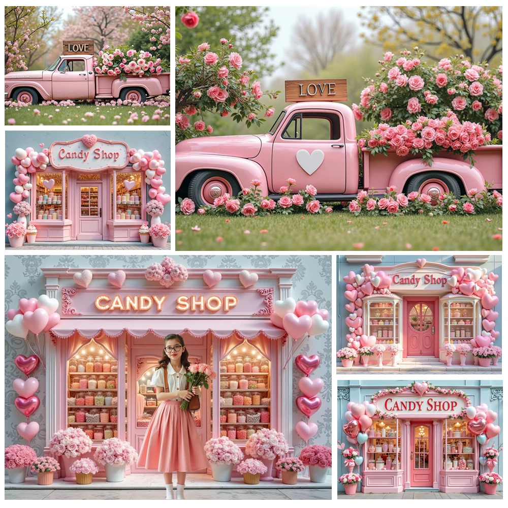 

MOON.QG Whimsical Valentine's Day Candy Shop Background Pink Rose Vintage Trucks February 14 Backdrops For Photography Portrait