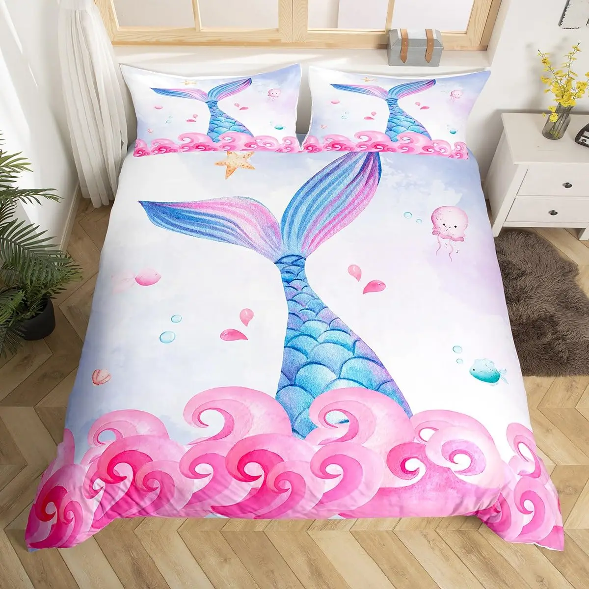 Mermaid Fish Tail Duvet Cover Pink Teal Purple Scales Comforter Cover Girly Shiny Rainbow Bedding Set Ocean Animal Quilt Cover